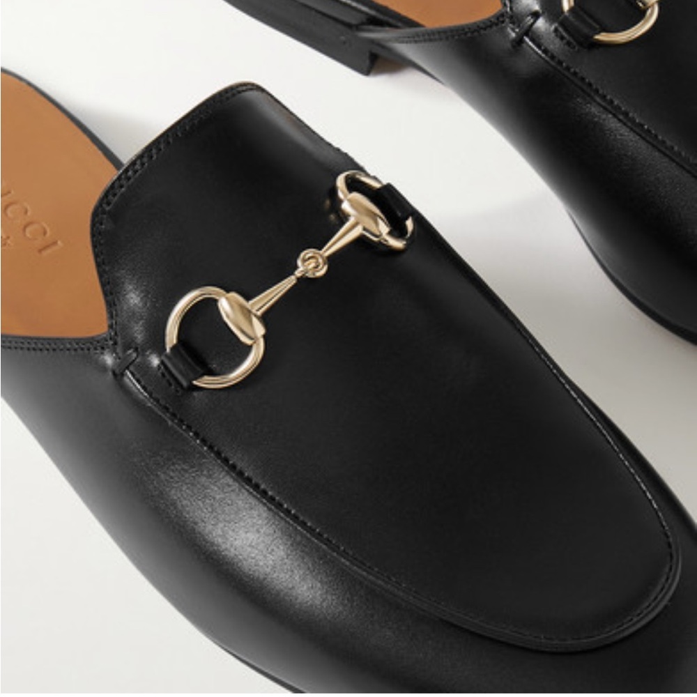 Gucci Black Leather Mules with Gold Detail - Picture 4 of 12